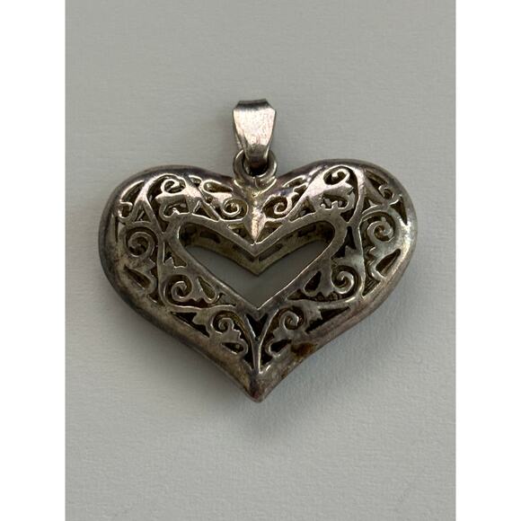 Vintage Sterling Silver Puffy Heart Pendant Open Work - Picture 1 of 5